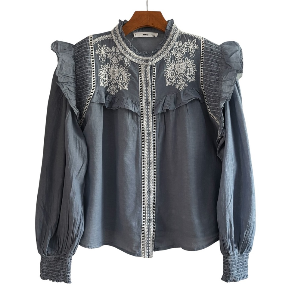 Mango Light Blue Ruffled Lace-Trim Blouse - Picture 2 of 11